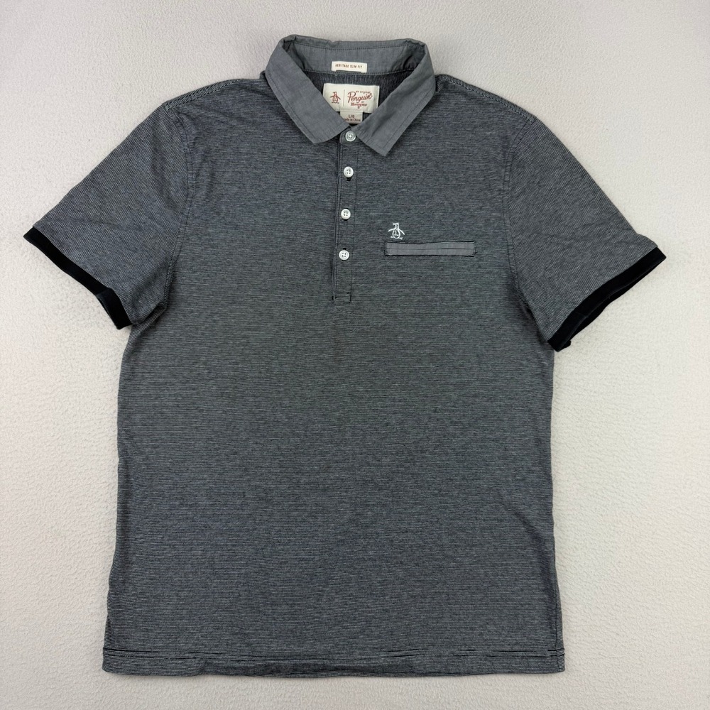 Original Penguin Polo Shirt Mens L Gray Striped Heritage Slim Fit Short Sleeve
